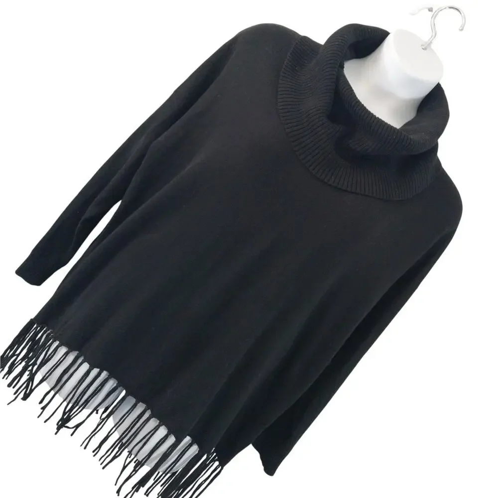 MICHAEL KORS! STRIKING BLACK KNIT, OVERSIZED, FRINGED COWL SWEATER! SZ 2X